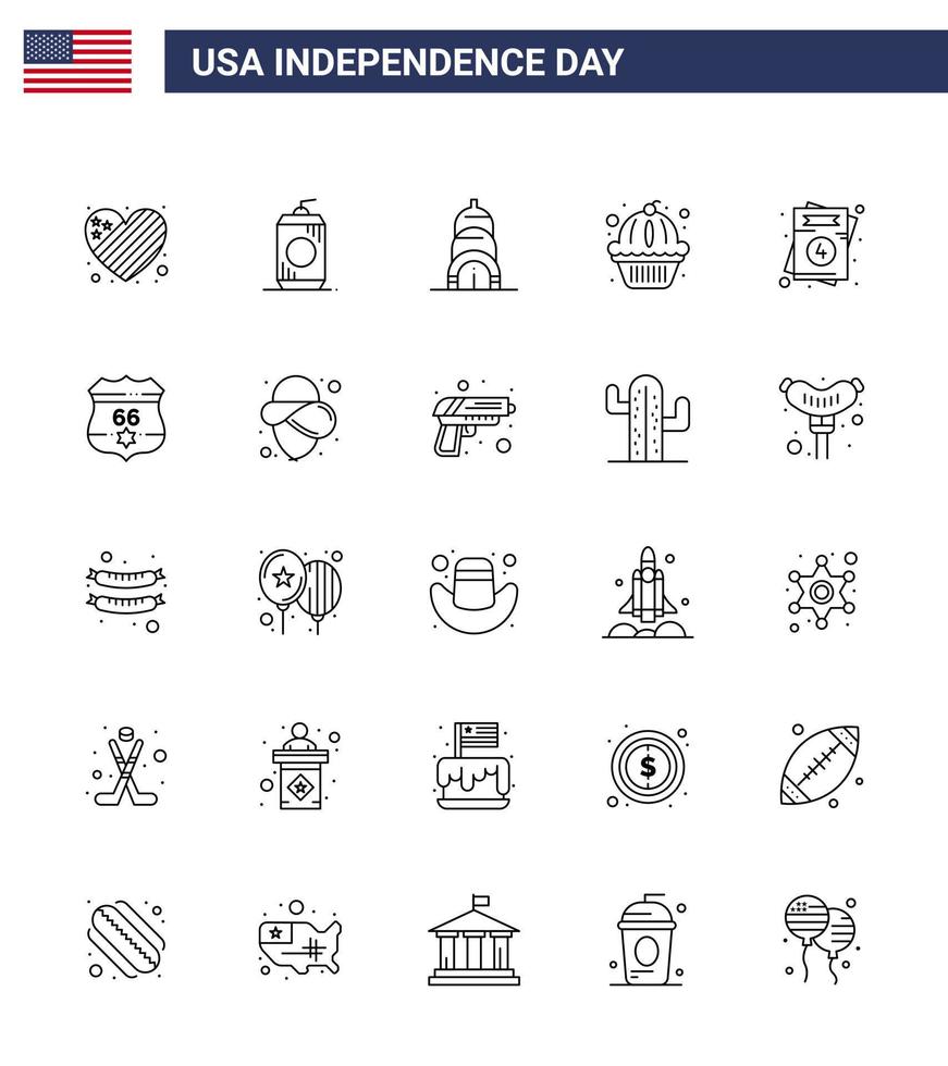 25 USA Line Signs Independence Day Celebration Symbols of usa invitation chrysler cake muffin Editable USA Day Vector Design Elements