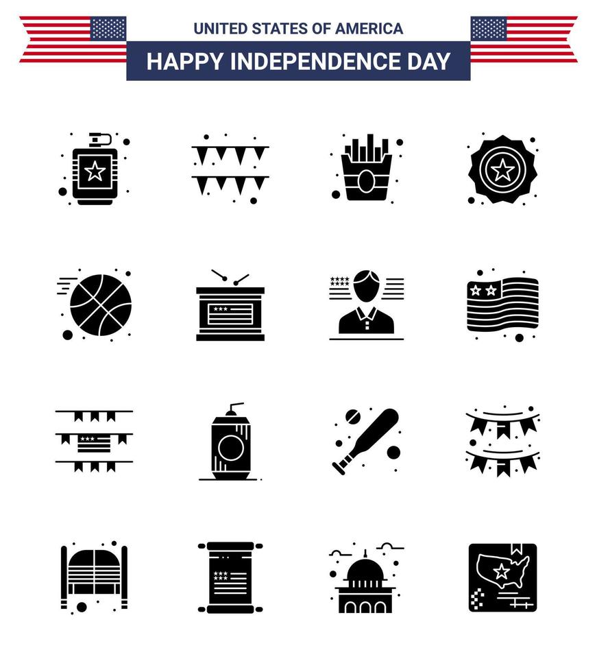 4th July USA Happy Independence Day Icon Symbols Group of 16 Modern Solid Glyphs of sports basketball fast flag security Editable USA Day Vector Design Elements