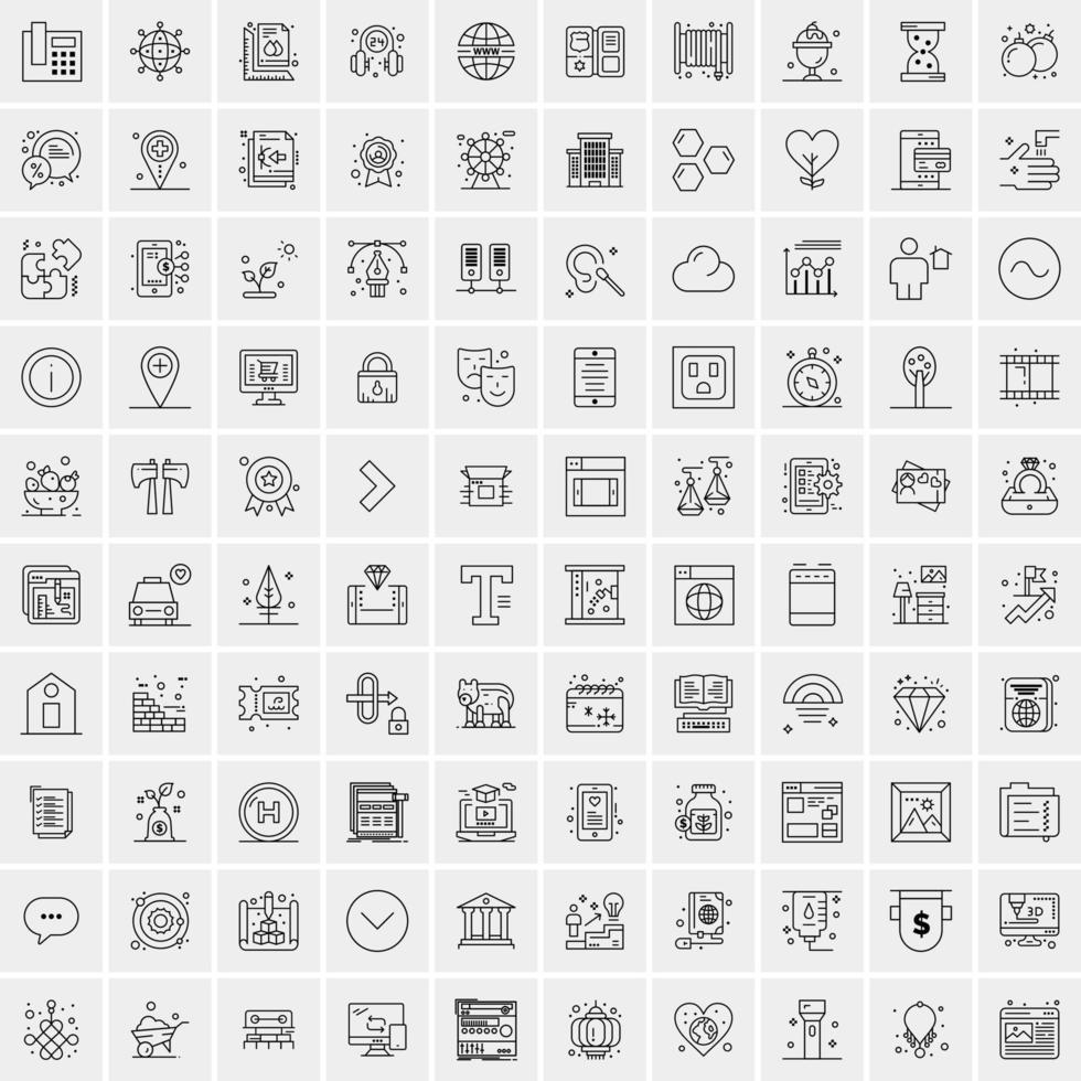 100 Universal Black Line Icons on White Background vector