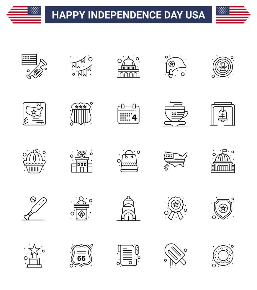 Modern Set of 25 Lines and symbols on USA Independence Day such as american protection garland helmet wisconsin Editable USA Day Vector Design Elements