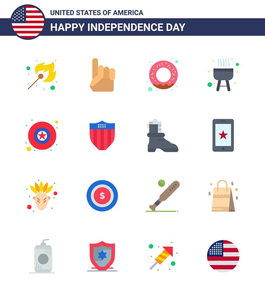 Pack of 16 creative USA Independence Day related Flats of american military donut badge bbq Editable USA Day Vector Design Elements