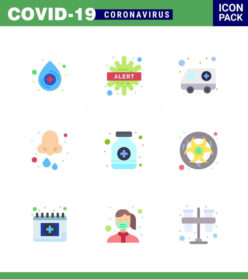 Corona virus disease 9 Flat Color icon pack suck as pills health ambulance drops allergy viral coronavirus 2019nov disease Vector Design Elements