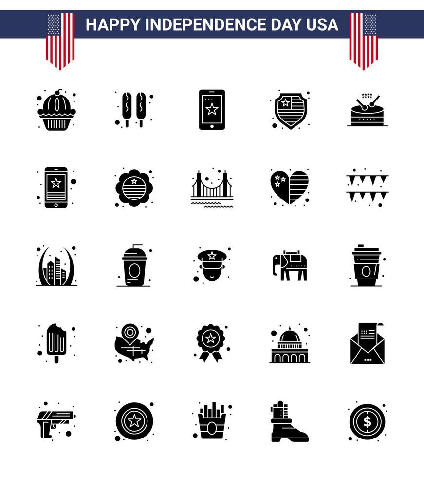 conjunto moderno de 25 glifos y símbolos sólidos en el día de la independencia de EE. UU., como instrumentos de desfile, protección de batería de teléfono, elementos de diseño vectorial editables del día de EE. UU. vector