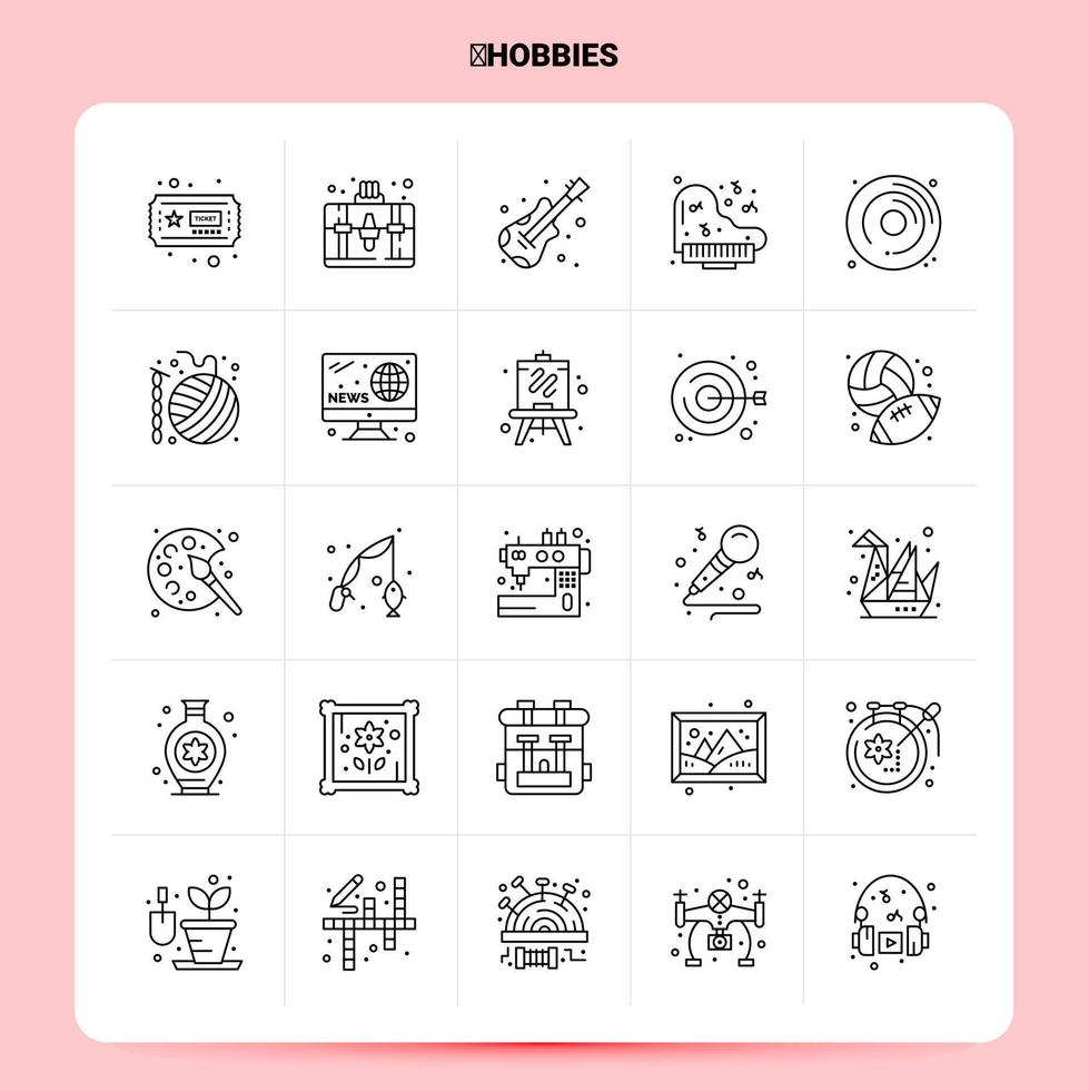 OutLine 25 Hobbies Icon set Vector Line Style Design Black Icons Set Linear pictogram pack Web and Mobile Business ideas design Vector Illustration