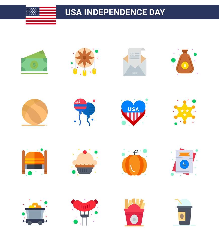 Set of 16 Vector Flats on 4th July USA Independence Day such as football bag email money mail Editable USA Day Vector Design Elements