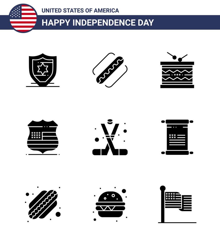 9 Solid Glyph Signs for USA Independence Day ice hockey security instrument usa shield Editable USA Day Vector Design Elements