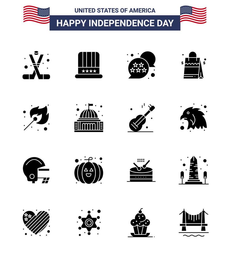 16 paquete de glifos sólidos de EE. UU. De signos y símbolos del día de la independencia de camping EE. UU. Burbuja de chat de bolso de EE. UU. Elementos de diseño de vector de día de EE. UU. editables