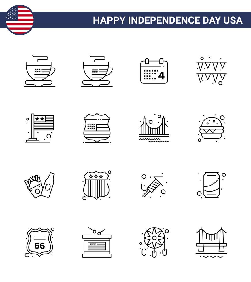 Modern Set of 16 Lines and symbols on USA Independence Day such as security sign garland shield international Editable USA Day Vector Design Elements