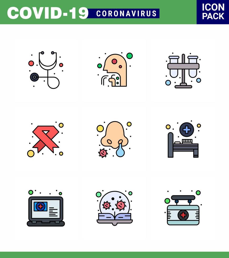 Corona virus 2019 and 2020 epidemic 9 Filled Line Flat Color icon pack such as ribbon hiv test cancer tubes viral coronavirus 2019nov disease Vector Design Elements