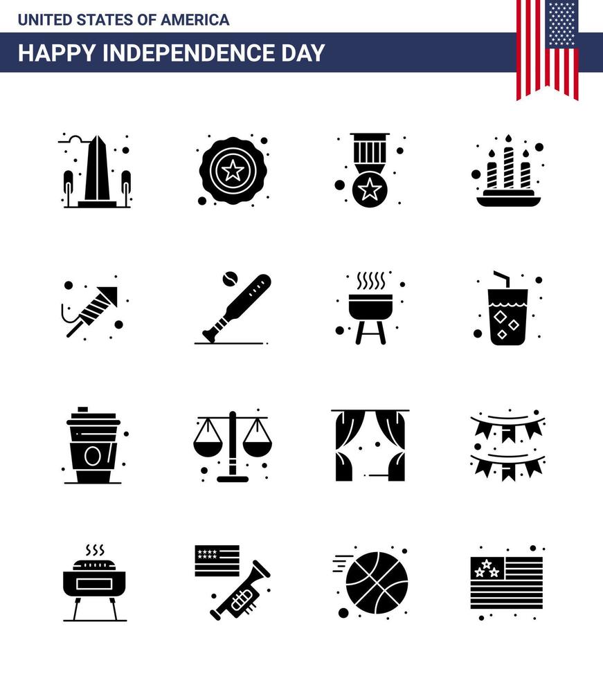 4 de julio estados unidos feliz día de la independencia icono símbolos grupo de 16 glifos sólidos modernos del festival fuego trabajo premio luz vela editable día de estados unidos elementos de diseño vectorial vector