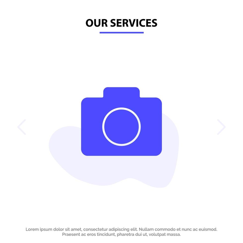 nuestros servicios imagen de cámara de instagram icono de glifo sólido plantilla de tarjeta web vector
