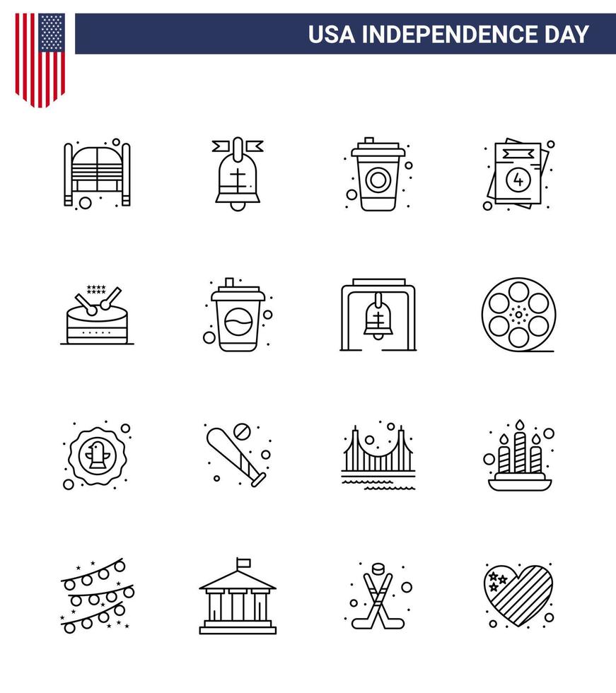 Line Pack of 16 USA Independence Day Symbols of instrument wedding usa usa invitation Editable USA Day Vector Design Elements
