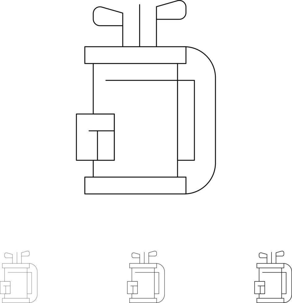 bolsa club equipo palo de golf audaz y delgada línea negra conjunto de iconos vector