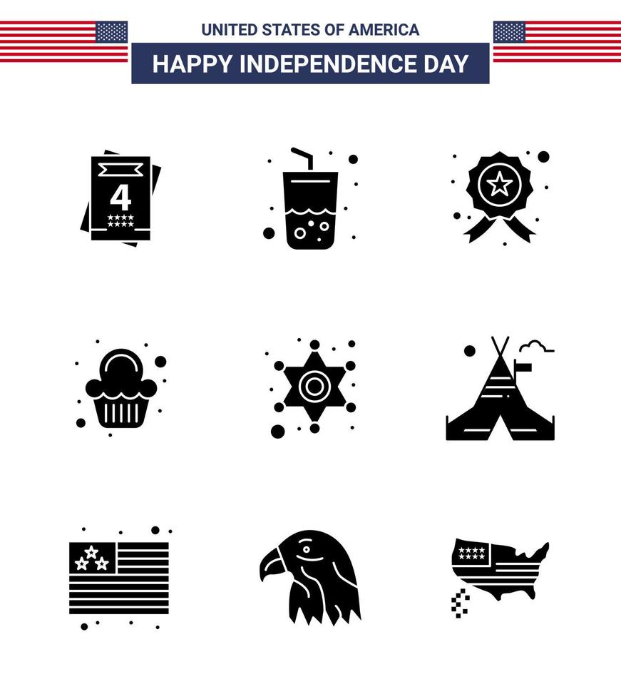 USA Independence Day Solid Glyph Set of 9 USA Pictograms of star men investigating celebration party Editable USA Day Vector Design Elements