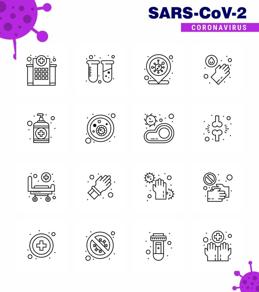 CORONAVIRUS 16 Line Icon set on the theme of Corona epidemic contains icons such as soap washing lab medical infection place viral coronavirus 2019nov disease Vector Design Elements