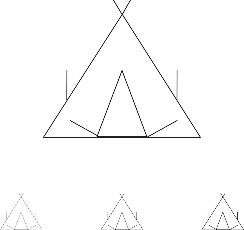 Camp Tent Wigwam Spring Bold and thin black line icon set vector