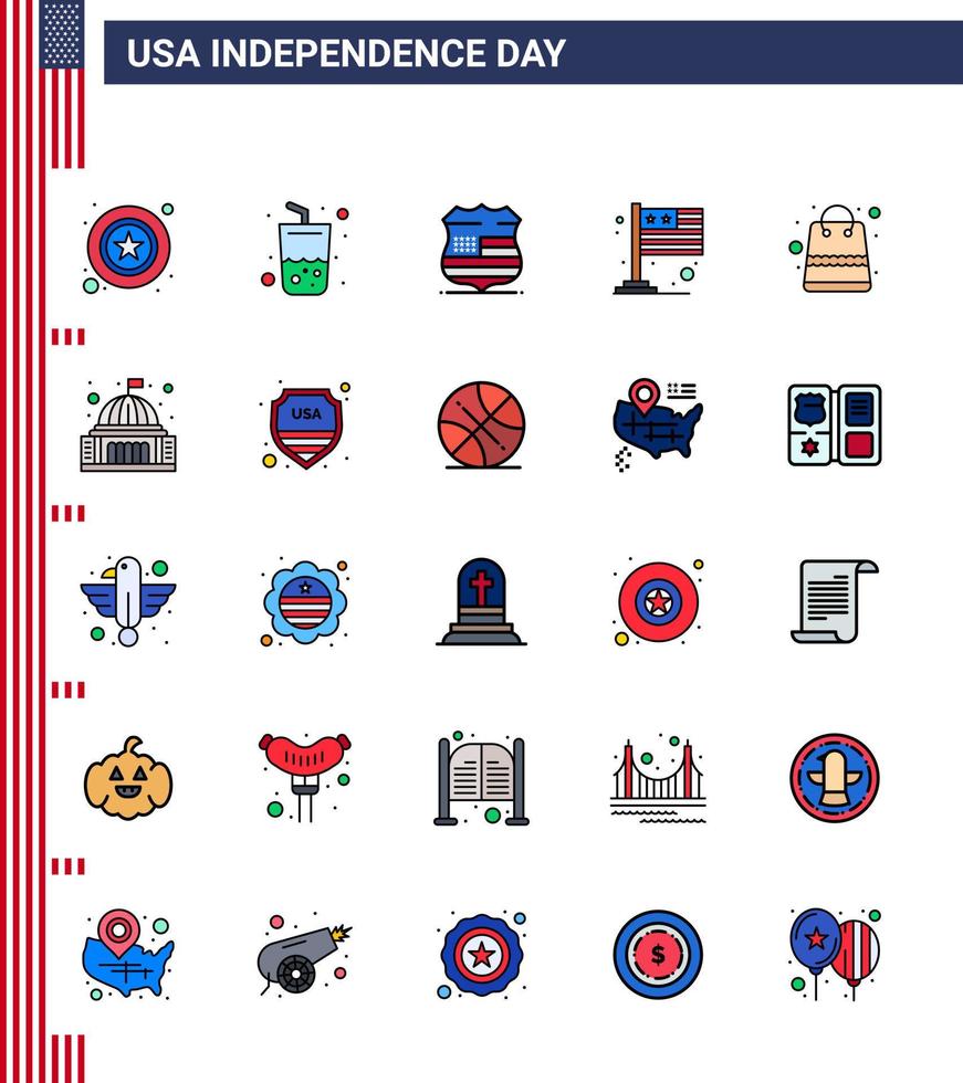 USA Independence Day Flat Filled Line Set of 25 USA Pictograms of money usa shield international country Editable USA Day Vector Design Elements