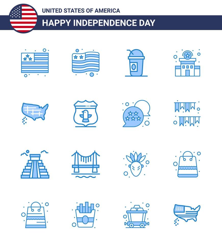 Blue Pack of 16 USA Independence Day Symbols of american sheild police usa states Editable USA Day Vector Design Elements