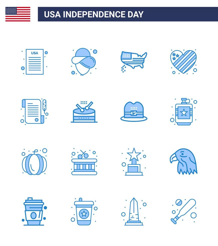conjunto de 16 iconos del día de estados unidos símbolos americanos signos del día de la independencia para recibo de tambor corazón de papel de acción de gracias elementos de diseño de vector de día de estados unidos editables