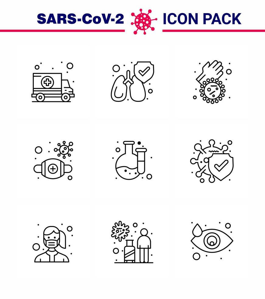 Covid19 Protection CoronaVirus Pendamic 9 Line icon set such as lab virus dirty hands safety mask viral coronavirus 2019nov disease Vector Design Elements