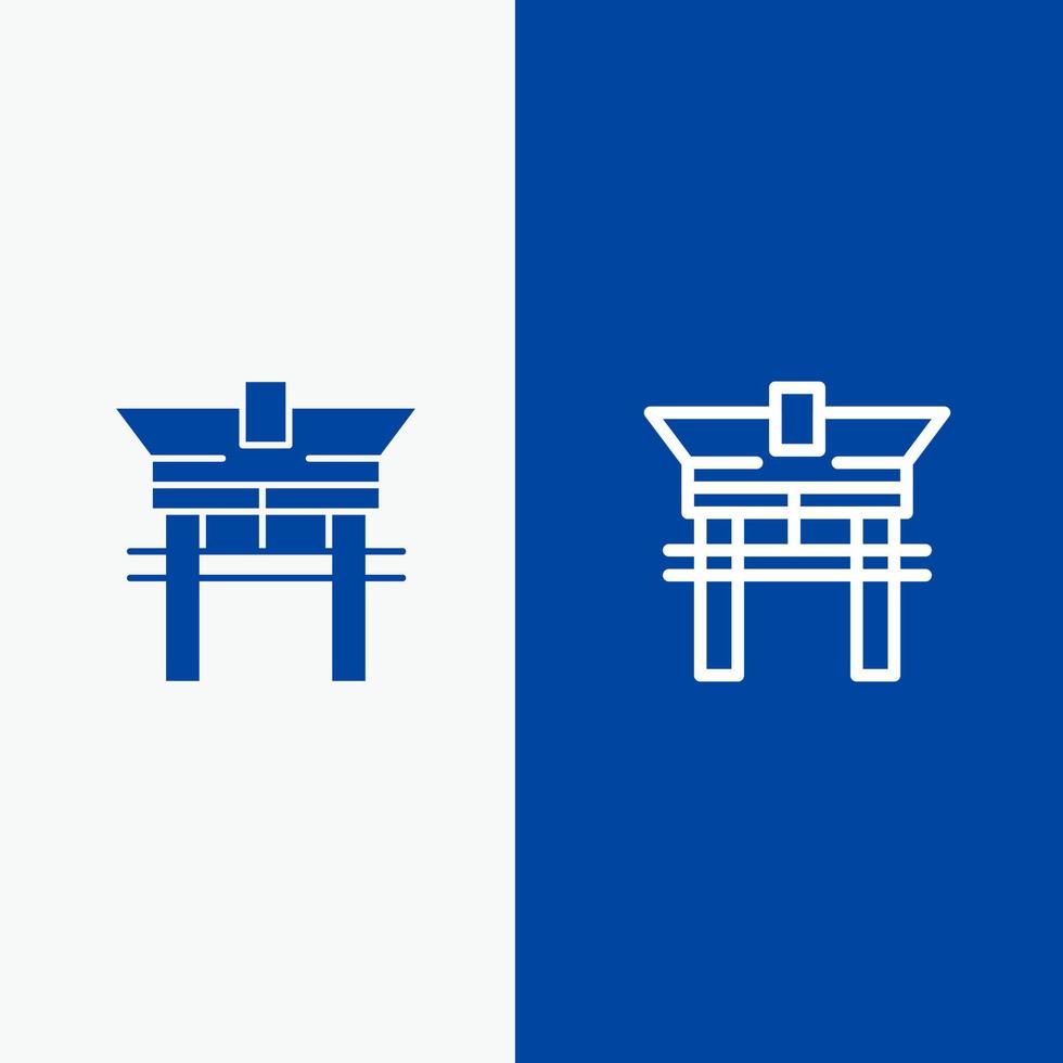 puerta puente china línea china y glifo icono sólido bandera azul vector