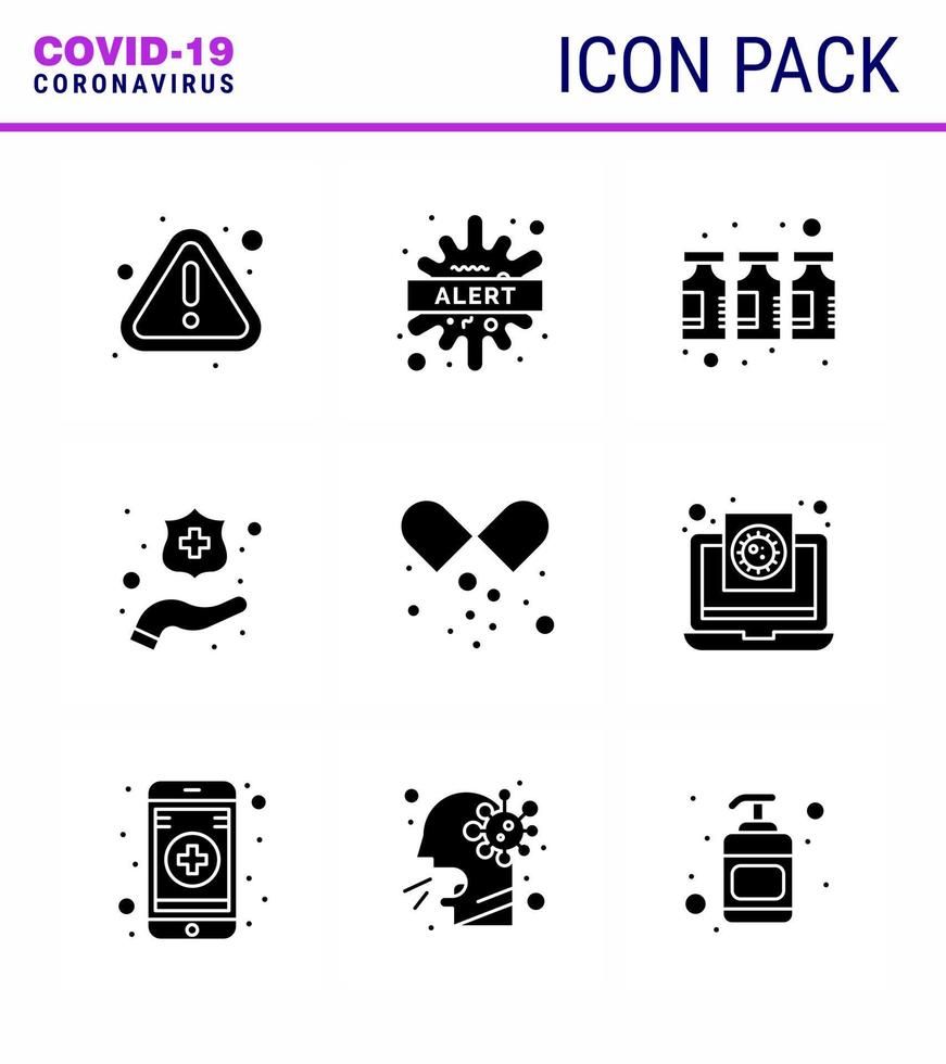 CORONAVIRUS 9 Solid Glyph Black Icon set on the theme of Corona epidemic contains icons such as medical pills washing virus hands vaccine viral coronavirus 2019nov disease Vector Design Elements