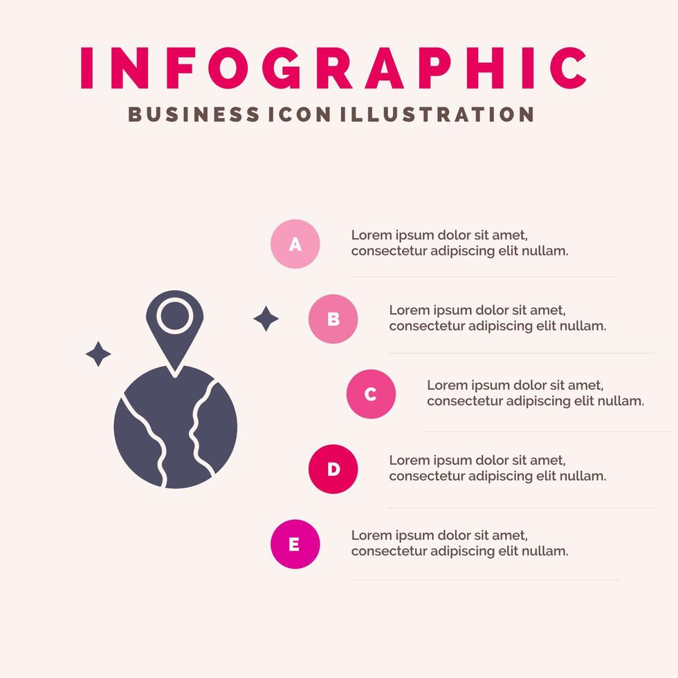 mapa del mundo ubicación icono sólido infografía 5 pasos presentación fondo vector