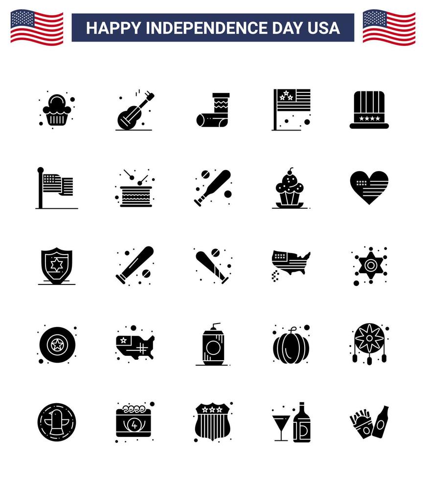 Happy Independence Day 4th July Set of 25 Solid Glyph American Pictograph of cap usa celebration flag day Editable USA Day Vector Design Elements