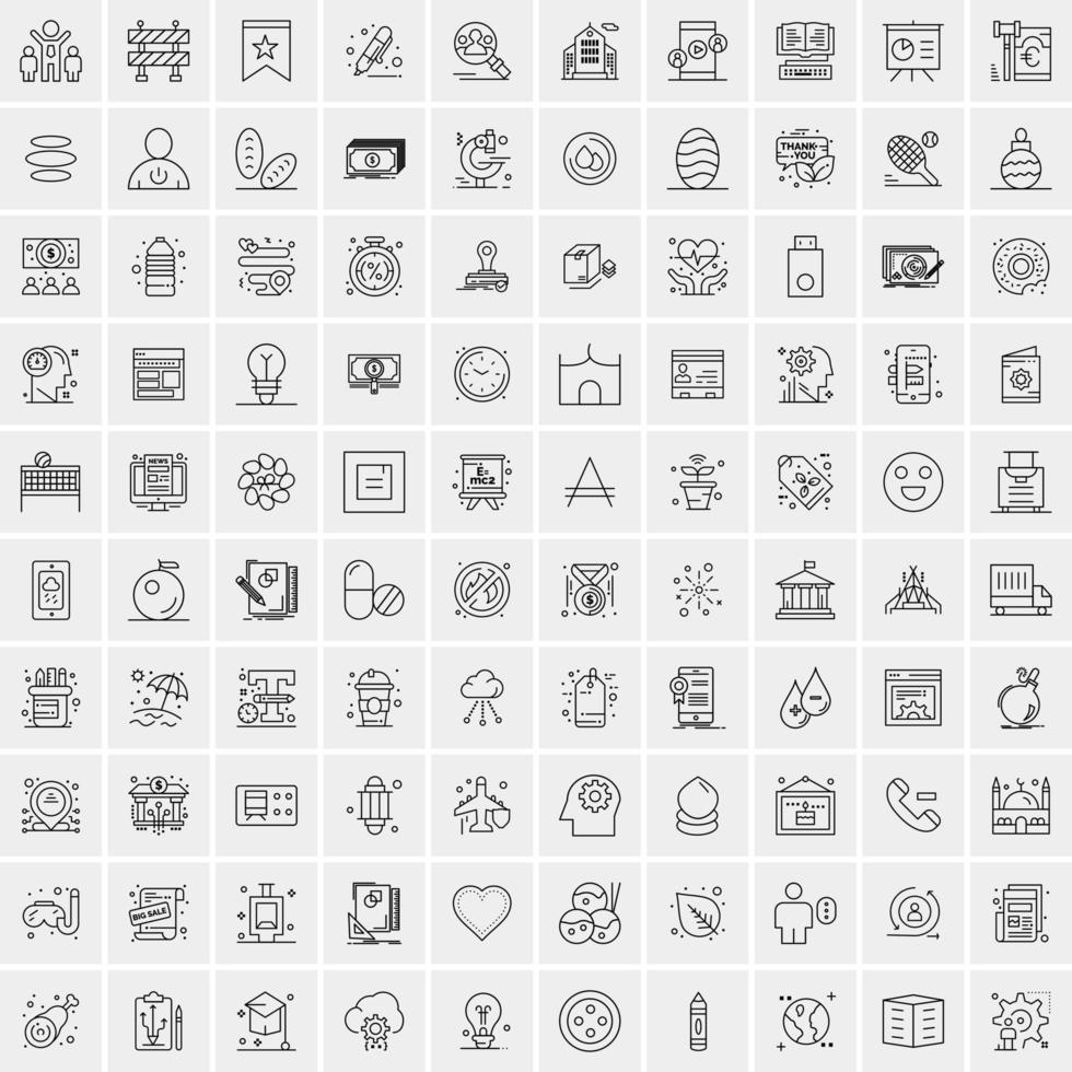 100 Universal Black Line Icons on White Background vector