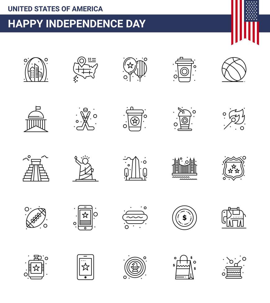 Line Pack of 25 USA Independence Day Symbols of american football balloons drink bottle Editable USA Day Vector Design Elements