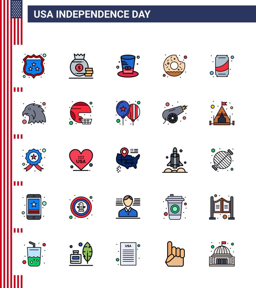 USA Independence Day Flat Filled Line Set of 25 USA Pictograms of can food day yummy donut Editable USA Day Vector Design Elements
