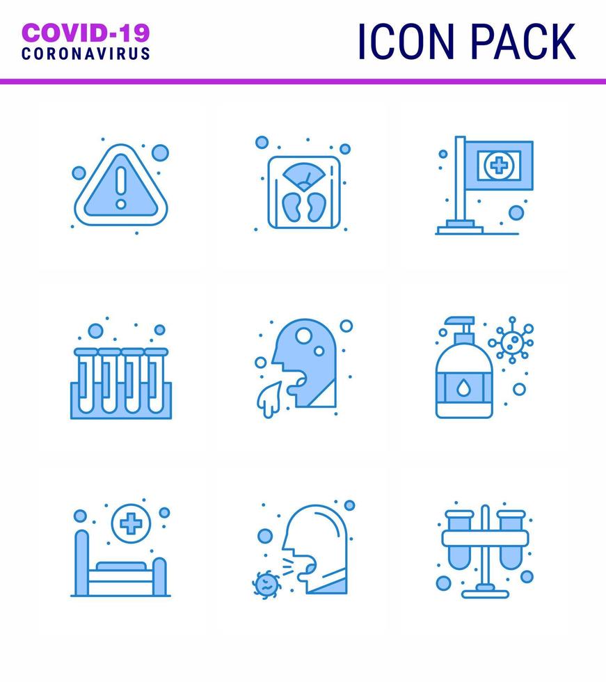 Coronavirus Prevention Set Icons 9 Blue icon such as healthcare vomit assistance tubes experiment viral coronavirus 2019nov disease Vector Design Elements