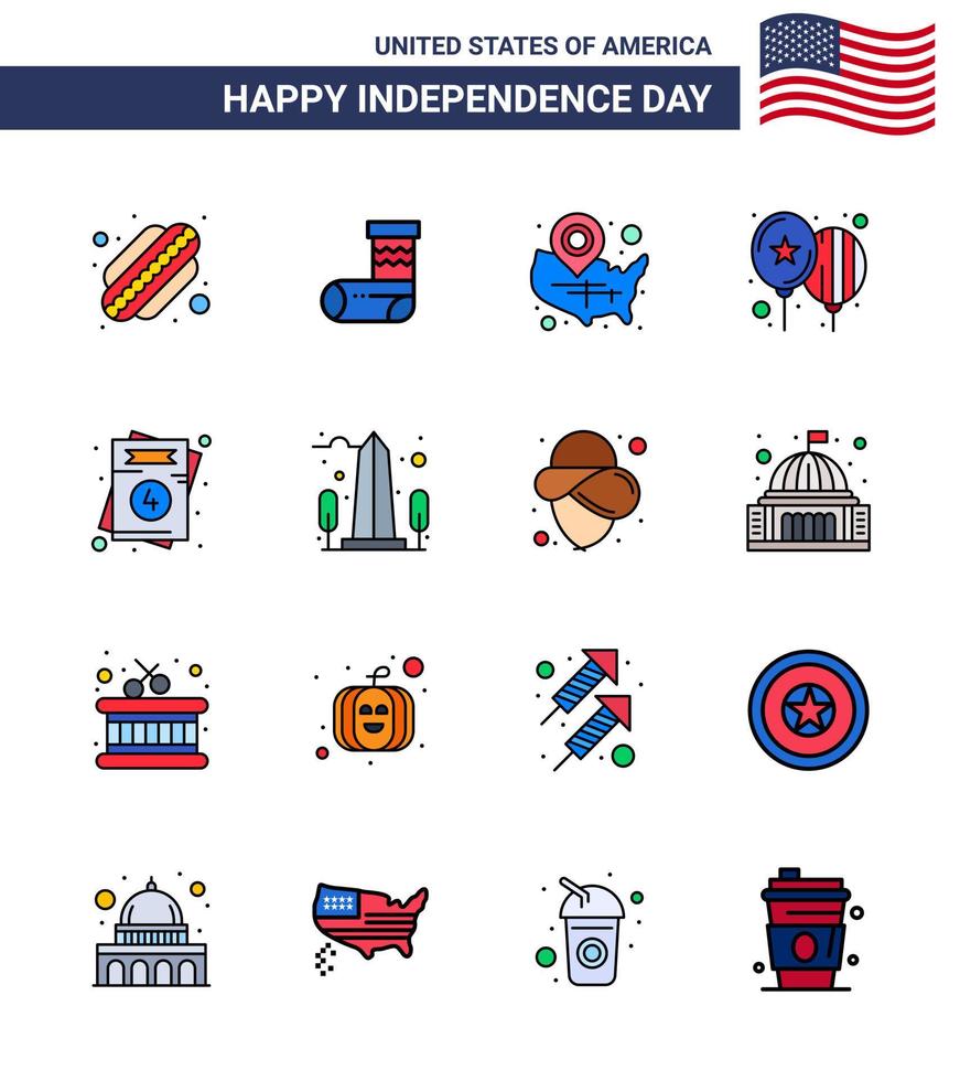 Modern Set of 16 Flat Filled Lines and symbols on USA Independence Day such as love party states day balloons Editable USA Day Vector Design Elements