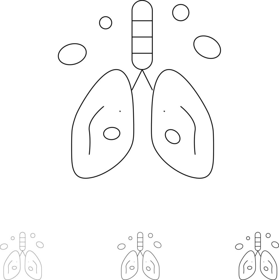 contaminación cáncer corazón pulmón órgano audaz y delgada línea negra conjunto de iconos vector