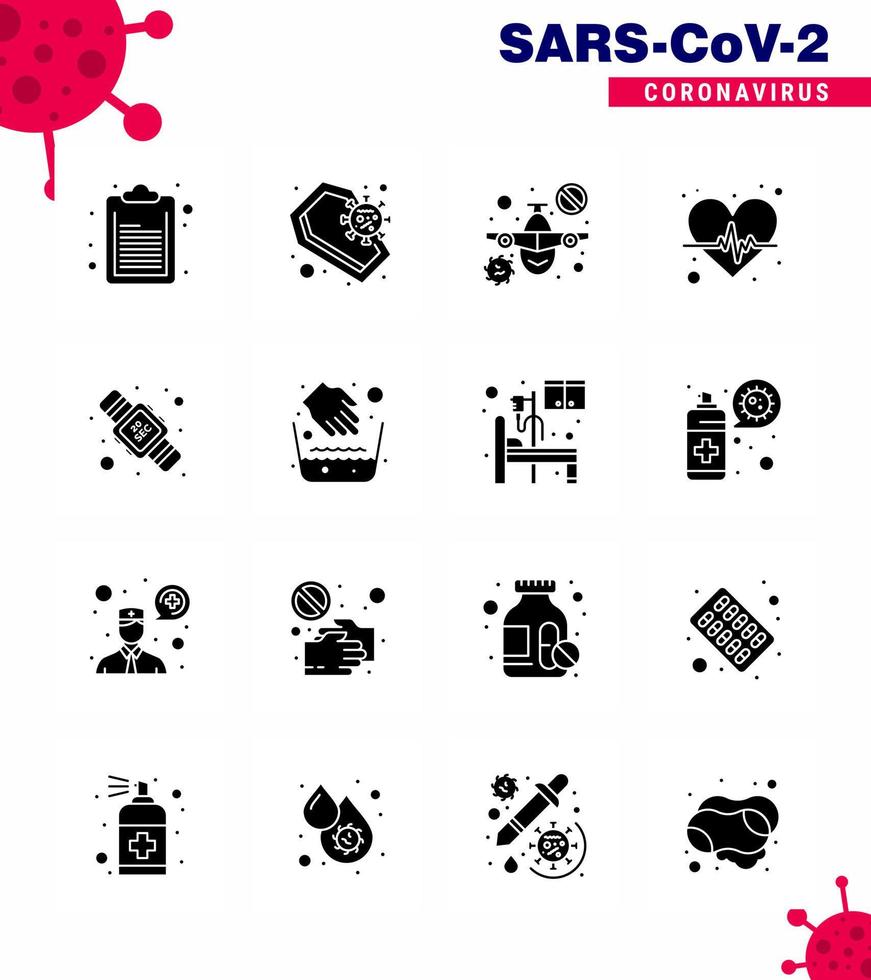 Corona virus disease 16 Solid Glyph Black icon pack suck as seconds heart care plane pulse beat viral coronavirus 2019nov disease Vector Design Elements