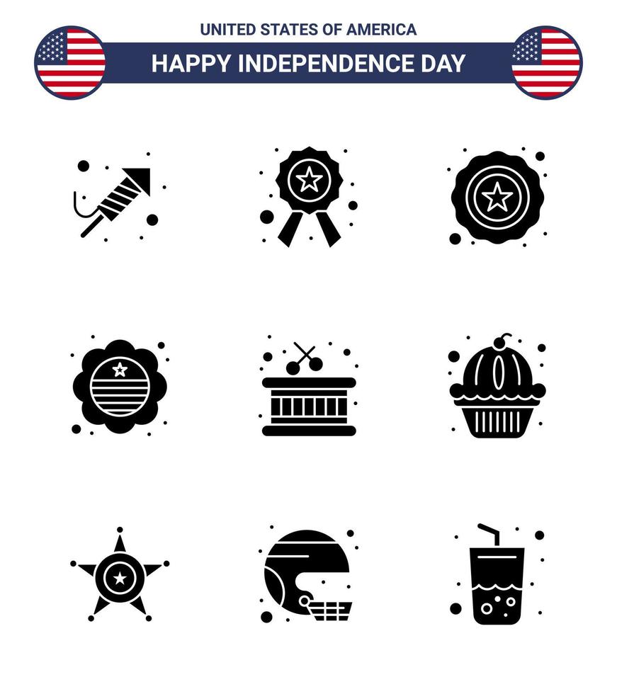Pack of 9 USA Independence Day Celebration Solid Glyphs Signs and 4th July Symbols such as sticks drum police badge flag Editable USA Day Vector Design Elements