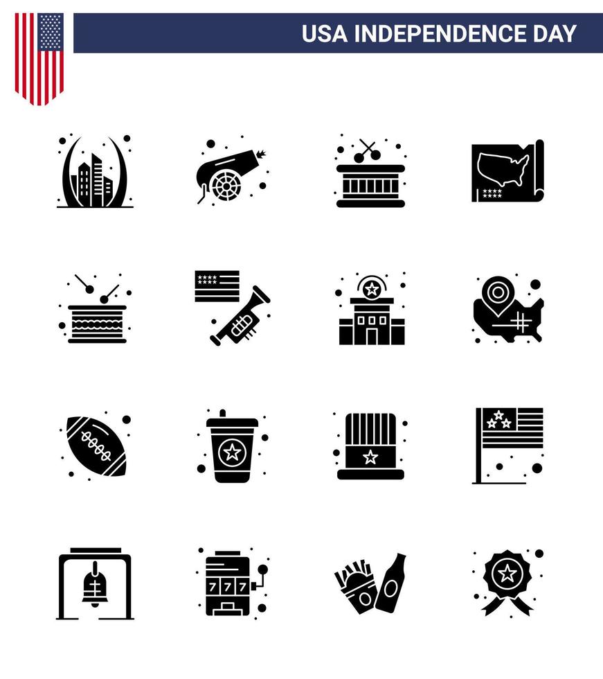 4th July USA Happy Independence Day Icon Symbols Group of 16 Modern Solid Glyphs of drum usa weapon united map Editable USA Day Vector Design Elements