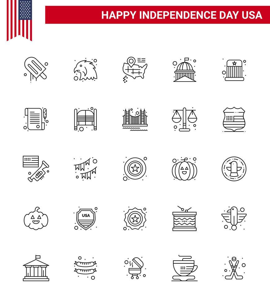 Set of 25 Vector Lines on 4th July USA Independence Day such as kids circus map white landmark Editable USA Day Vector Design Elements