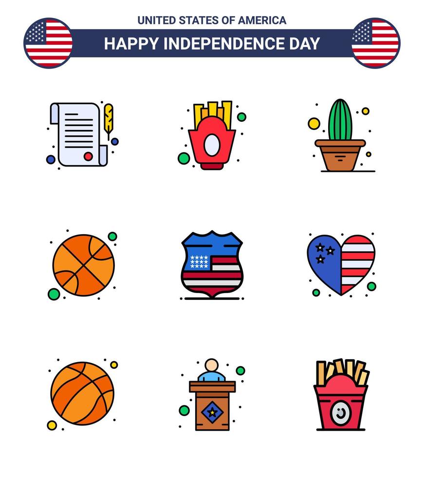 4th July USA Happy Independence Day Icon Symbols Group of 9 Modern Flat Filled Lines of usa shield flower day ball Editable USA Day Vector Design Elements