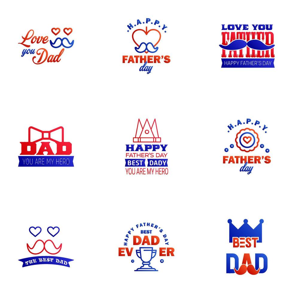 9 conjunto azul y rojo de vector feliz día del padre tipografía iconos vintage letras para tarjetas de felicitación pancartas diseño de camiseta elementos de diseño vectorial editables del día del padre