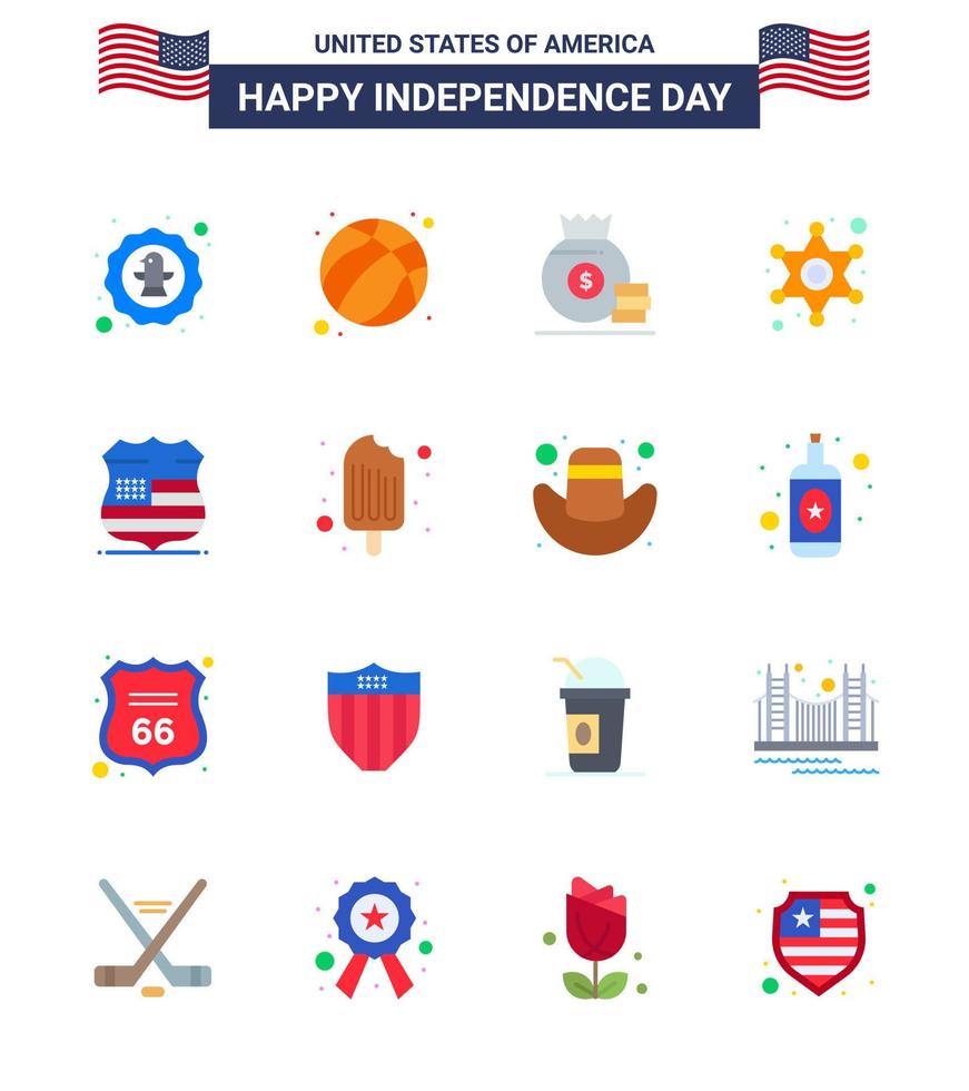 conjunto de 16 pisos vectoriales el 4 de julio, día de la independencia de estados unidos, como la estrella del escudo, la policía de estados unidos, los elementos de diseño vectorial del día de estados unidos editables estadounidenses vector