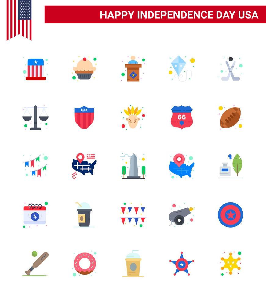 Pack of 25 USA Independence Day Celebration Flats Signs and 4th July Symbols such as sport hokey election american summer Editable USA Day Vector Design Elements