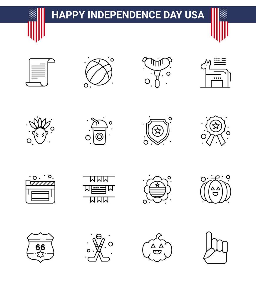 feliz paquete del día de la independencia de 16 líneas de signos y símbolos para el símbolo de la comida americana de acción de gracias elementos de diseño vectorial editables del día de los ee.uu. vector