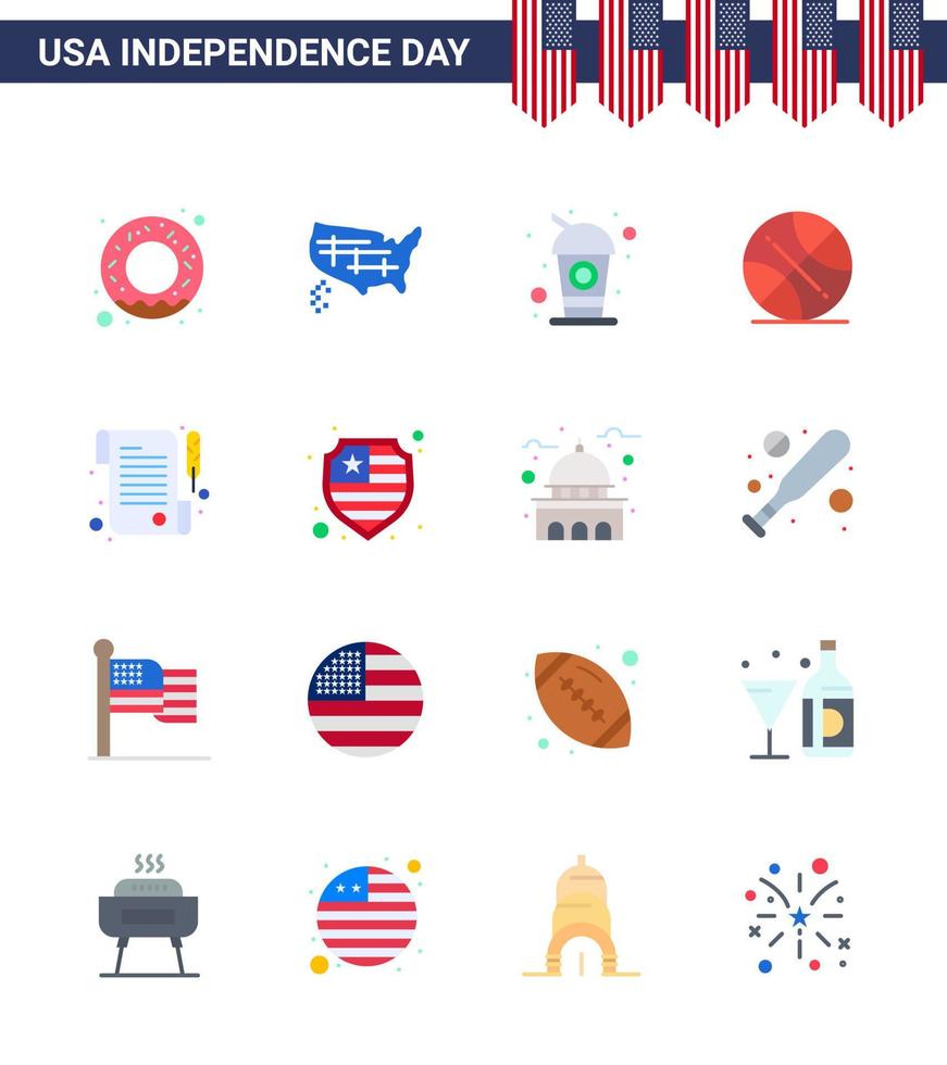 Modern Set of 16 Flats and symbols on USA Independence Day such as day paper cola usa ball Editable USA Day Vector Design Elements