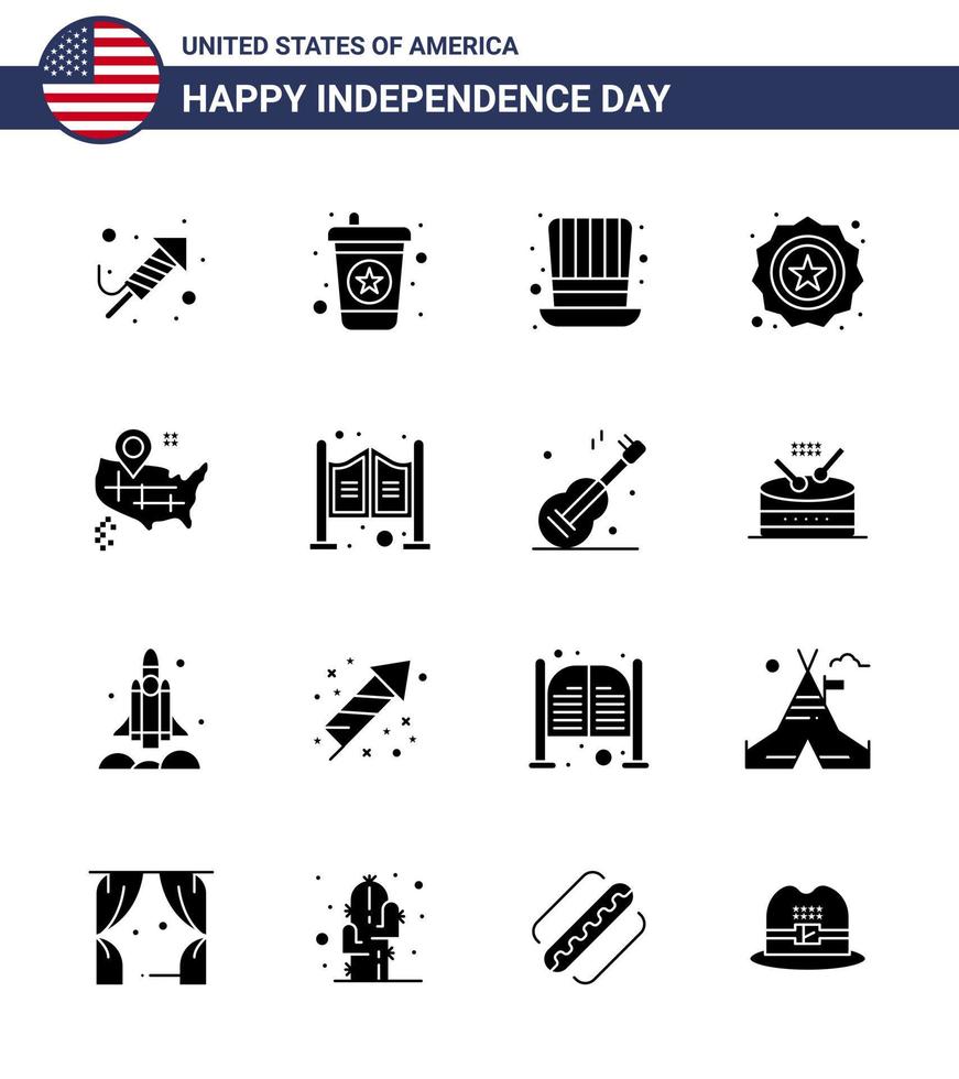 Stock Vector Icon Pack of American Day 16 Solid Glyph Signs and Symbols for american location hat flag security Editable USA Day Vector Design Elements