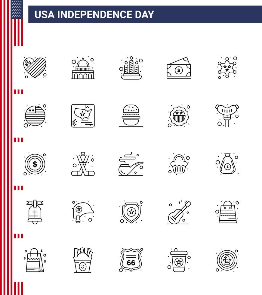 Happy Independence Day 4th July Set of 25 Lines American Pictograph of police badge candle usa money Editable USA Day Vector Design Elements