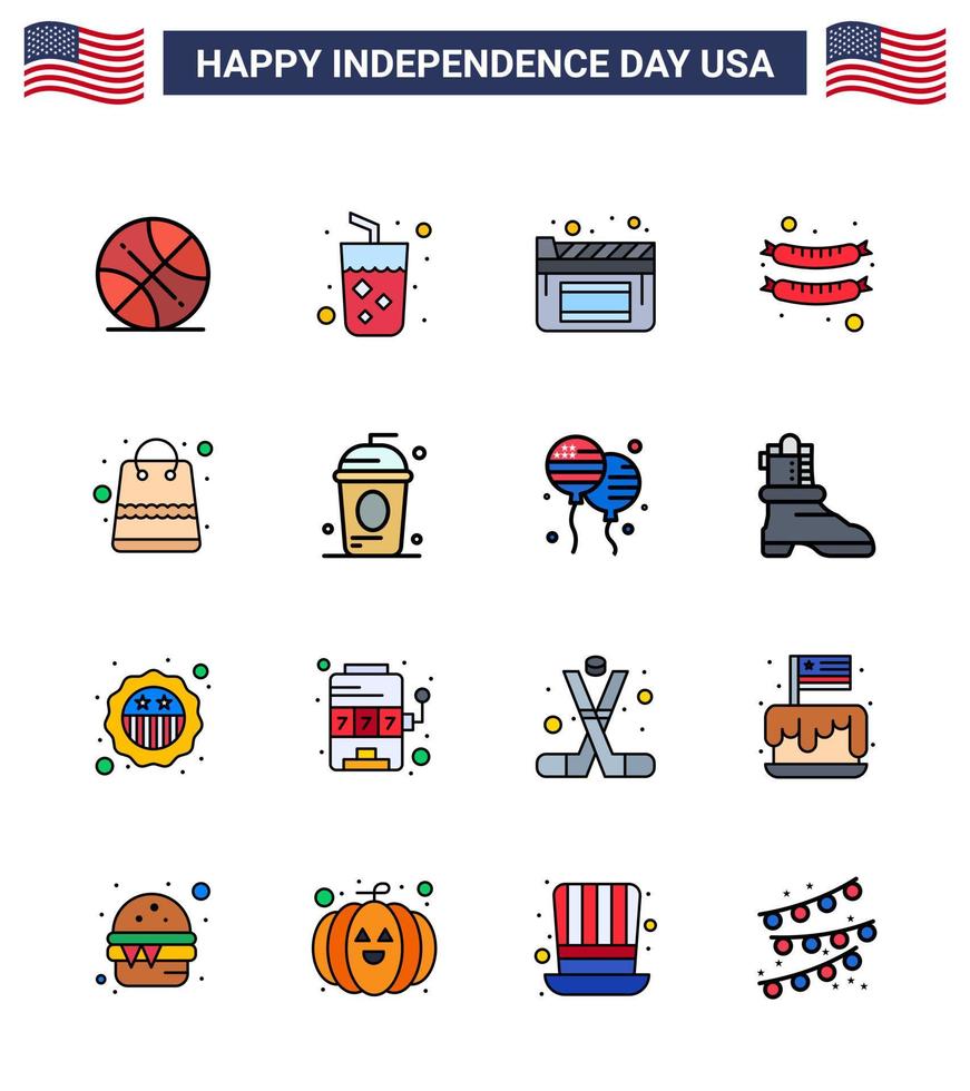 grupo de 16 líneas rellenas planas establecidas para el día de la independencia de los estados unidos de américa, como compras, dinero, cine, bolsa, frankfurter, editable, día de ee.uu., elementos de diseño vectorial vector