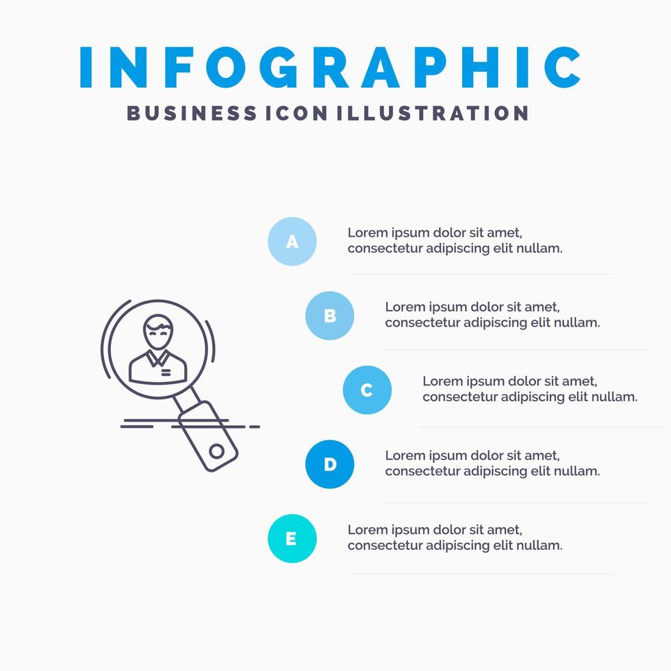 buscar empleado hr cazar recursos personales icono de línea de currículum con 5 pasos presentación infografía antecedentes vector