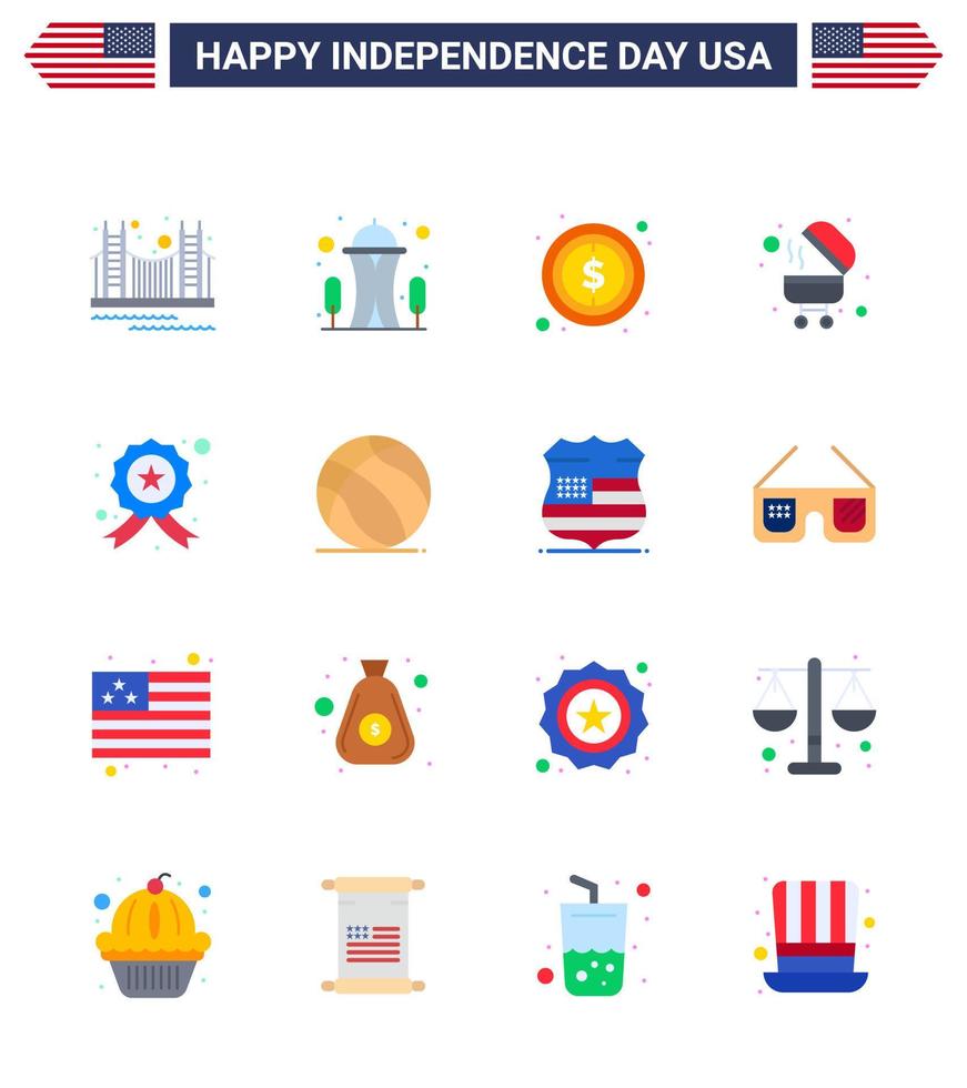 conjunto de 16 iconos del día de los ee.uu. símbolos americanos signos del día de la independencia para la insignia barbacoa aguja barbacoa dólar elementos editables del diseño del vector del día de los ee.uu.