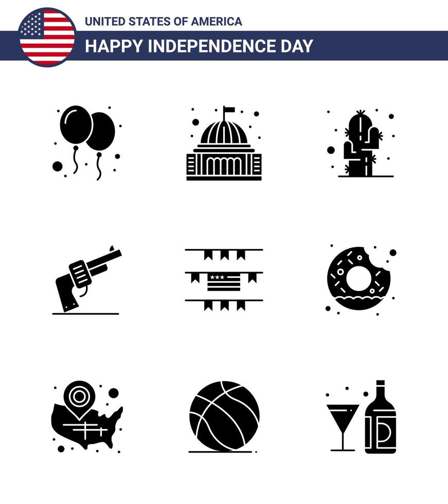 Group of 9 Solid Glyphs Set for Independence day of United States of America such as buntings weapon white hand desert Editable USA Day Vector Design Elements